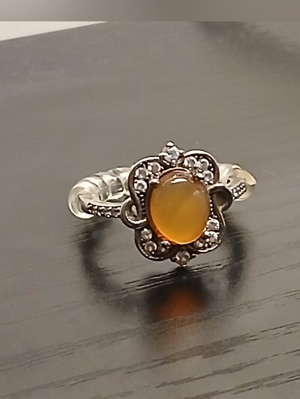 LAST CHANCE! Vintage Silver Ring with Orange Cabochon and Sparkling Halo